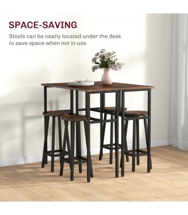 HOMCOM 6-Piece Industrial Bar Table Set, 2 Kitchen Tables with 4 Stools, Brown
