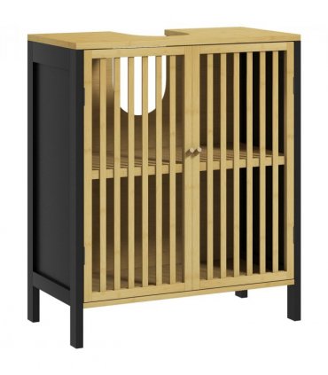 HOMCOM Under Sink Bathroom Cabinet, Bamboo Sink Storage Cabinet Slat Doors