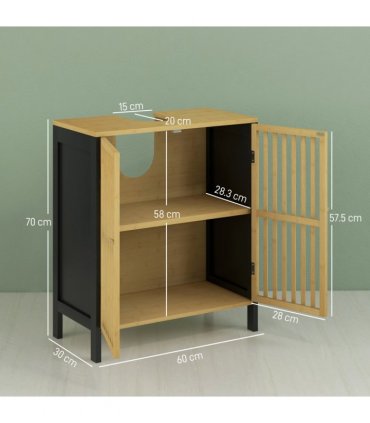 HOMCOM Under Sink Bathroom Cabinet, Bamboo Sink Storage Cabinet Slat Doors