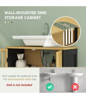 HOMCOM Under Sink Bathroom Cabinet, Bamboo Sink Storage Cabinet Slat Doors