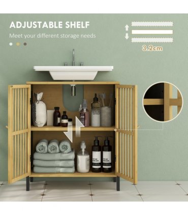 HOMCOM Under Sink Bathroom Cabinet, Bamboo Sink Storage Cabinet Slat Doors
