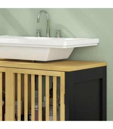 HOMCOM Under Sink Bathroom Cabinet, Bamboo Sink Storage Cabinet Slat Doors