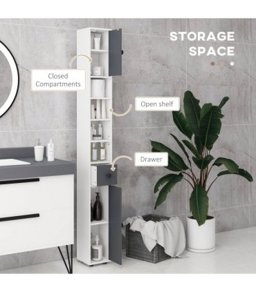 kleankin Slim Bathroom Cabinet, Toilet Roll Storage w/ Open Shelves, Grey