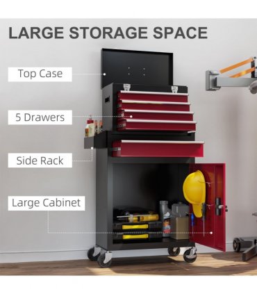 HOMCOM Tool Cabinet on Wheels with 5 Drawers Top Tool Chest Roller Cabinet Combo