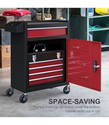 HOMCOM Tool Cabinet on Wheels with 5 Drawers Top Tool Chest Roller Cabinet Combo