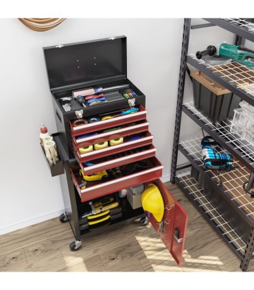 HOMCOM Tool Cabinet on Wheels with 5 Drawers Top Tool Chest Roller Cabinet Combo