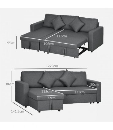 HOMCOM Corner Sofa Bed with Storage, 3 Seater Pull Out Sofa Bed, Dark Grey