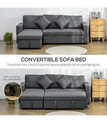 HOMCOM Corner Sofa Bed with Storage, 3 Seater Pull Out Sofa Bed, Dark Grey