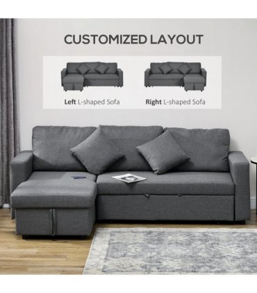 HOMCOM Corner Sofa Bed with Storage, 3 Seater Pull Out Sofa Bed, Dark Grey