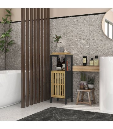 HOMCOM Bathroom Floor Cabinet Bamboo Bathroom Cupboard with Adjustable Shelf