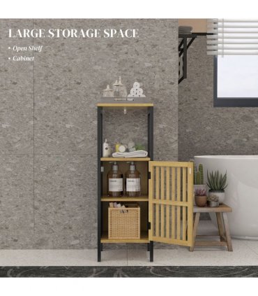 HOMCOM Bathroom Floor Cabinet Bamboo Bathroom Cupboard with Adjustable Shelf