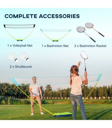 SPORTNOW Portable Badminton Net Set with Volleyball Net, Rackets, Shuttlecocks