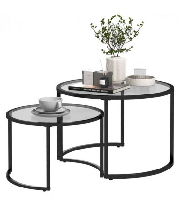 HOMCOM Glass Coffee Table Set of 2, Round Nest of Tables for Living Room