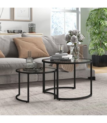 HOMCOM Glass Coffee Table Set of 2, Round Nest of Tables for Living Room