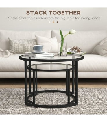 HOMCOM Glass Coffee Table Set of 2, Round Nest of Tables for Living Room