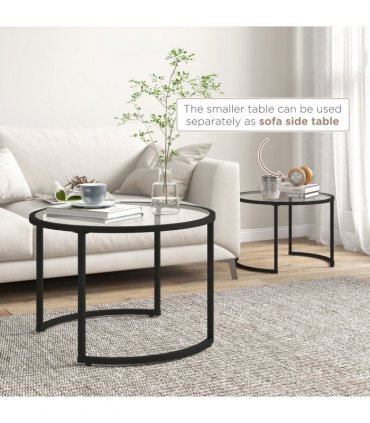 HOMCOM Glass Coffee Table Set of 2, Round Nest of Tables for Living Room