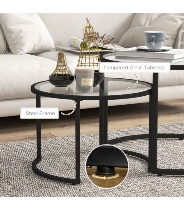 HOMCOM Glass Coffee Table Set of 2, Round Nest of Tables for Living Room