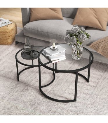 HOMCOM Glass Coffee Table Set of 2, Round Nest of Tables for Living Room