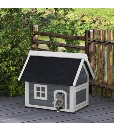 PawHut?Outdoor Feral Cat House with Openable Asphalt Roof,?Grey