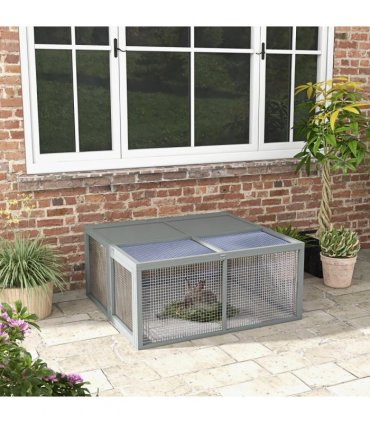 PawHut Wooden Folding Rabbit Run for 2-3 Rabbits, Guinea Pig, Grey