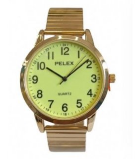 Pelex Mens Big number Gold Case Night Glow Dial Gold Bracelet Strap Quartz Watch