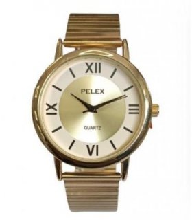 Pelex Mens Big Roman number Gold Case Gold Dial Gold Bracelet Strap Quartz Watch