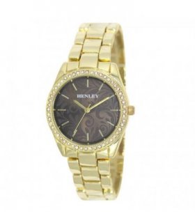 Henley Ladies Bling Etched Patterned Brown Dial & Gold plated Bracelet Watch H07326.2