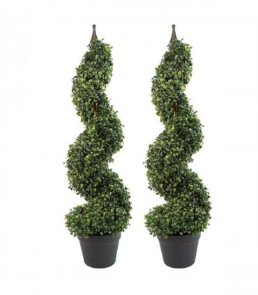 Pair of 90cm (3ft) Tall Artificial Boxwood Tower Trees Topiary Spiral Metal Top