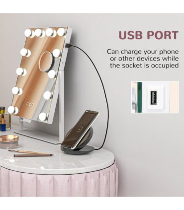 HOMCOM Hollywood Lighted Makeup Mirror with Magnifier, USB Port, Phone Holder