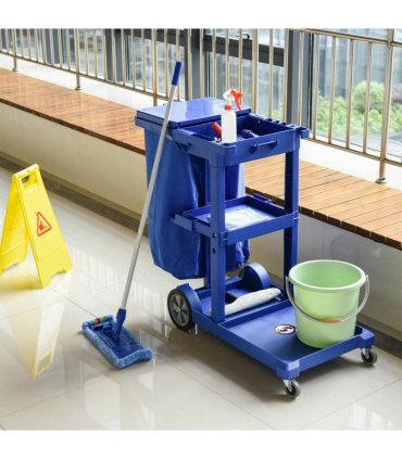 HOMCOM Cleaning Cart On Wheels, Housekeeping Trolley w/ 3 Tier Shelves, Blue