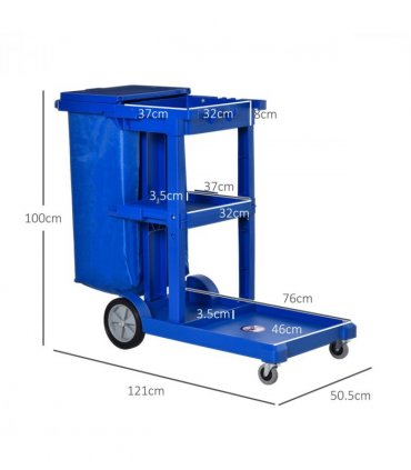 HOMCOM Cleaning Cart On Wheels, Housekeeping Trolley w/ 3 Tier Shelves, Blue