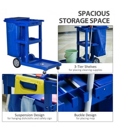 HOMCOM Cleaning Cart On Wheels, Housekeeping Trolley w/ 3 Tier Shelves, Blue