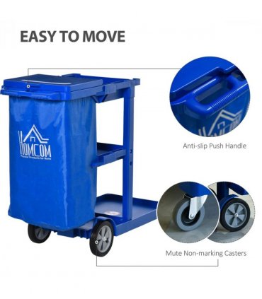 HOMCOM Cleaning Cart On Wheels, Housekeeping Trolley w/ 3 Tier Shelves, Blue