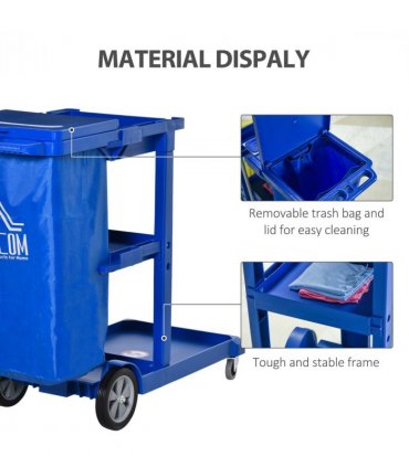 HOMCOM Cleaning Cart On Wheels, Housekeeping Trolley w/ 3 Tier Shelves, Blue