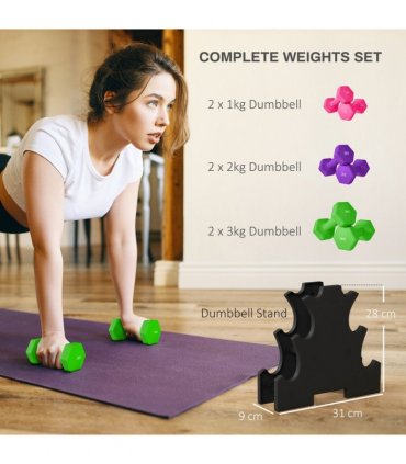 SPORTNOW Hex Dumbbells Set with Dumbbell Rack, 2 x 1kg, 2 x 2kg, 2 x 3kg