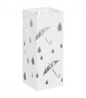 HOMCOM Metal Umbrella Stand, Square Umbrella Basket with 4 Hooks Drip Tray White