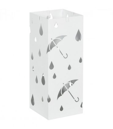 HOMCOM Metal Umbrella Stand, Square Umbrella Basket with 4 Hooks Drip Tray White