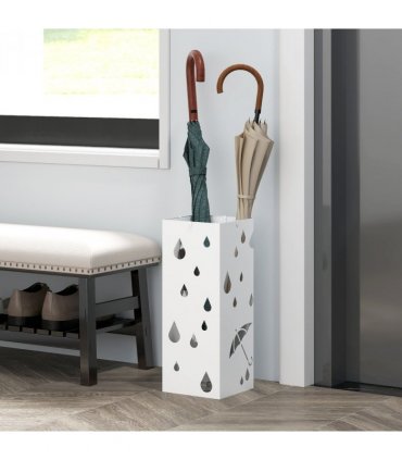 HOMCOM Metal Umbrella Stand, Square Umbrella Basket with 4 Hooks Drip Tray White