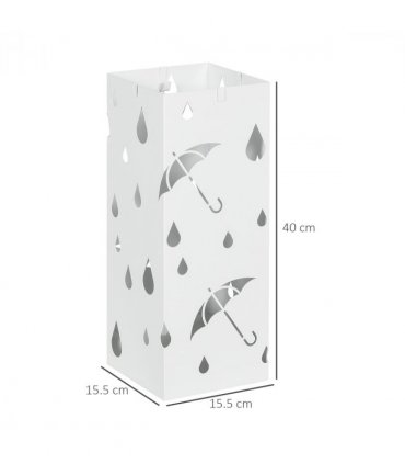 HOMCOM Metal Umbrella Stand, Square Umbrella Basket with 4 Hooks Drip Tray White