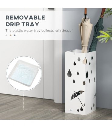 HOMCOM Metal Umbrella Stand, Square Umbrella Basket with 4 Hooks Drip Tray White