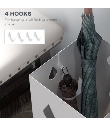 HOMCOM Metal Umbrella Stand, Square Umbrella Basket with 4 Hooks Drip Tray White