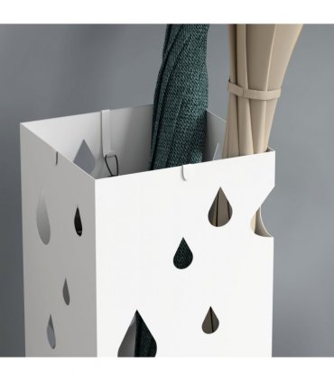 HOMCOM Metal Umbrella Stand, Square Umbrella Basket with 4 Hooks Drip Tray White