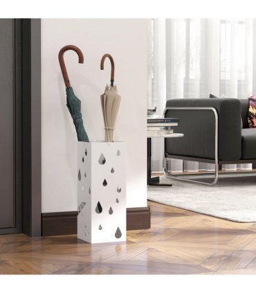 HOMCOM Metal Umbrella Stand, Square Umbrella Basket with 4 Hooks Drip Tray White