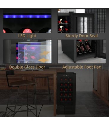 HOMCOM 50L Undercounter Wine Cooler Fridge with LED Light Glass Door 18 Bottles