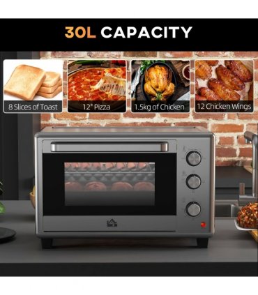 HOMCOM 30L Mini Oven with Adjustable Temperature, 60 Min Time 1600W, Silver