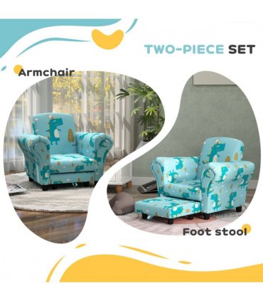 AIYAPLAY 2 Piece Kids Sofa Set with Dinosaur Design, for Nursery, Blue