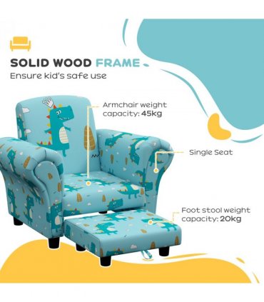 AIYAPLAY 2 Piece Kids Sofa Set with Dinosaur Design, for Nursery, Blue
