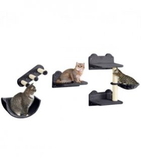 PawHut 4PCs Wall Mounted Cat Tree Cat Wall Shelves W/ Scratching Post Dark Grey