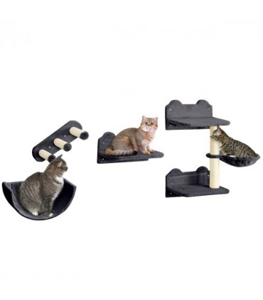 PawHut 4PCs Wall Mounted Cat Tree Cat Wall Shelves W/ Scratching Post Dark Grey