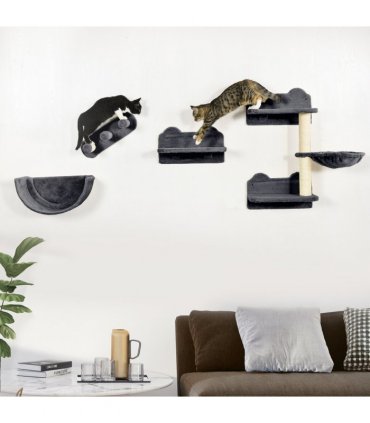 PawHut 4PCs Wall Mounted Cat Tree Cat Wall Shelves W/ Scratching Post Dark Grey